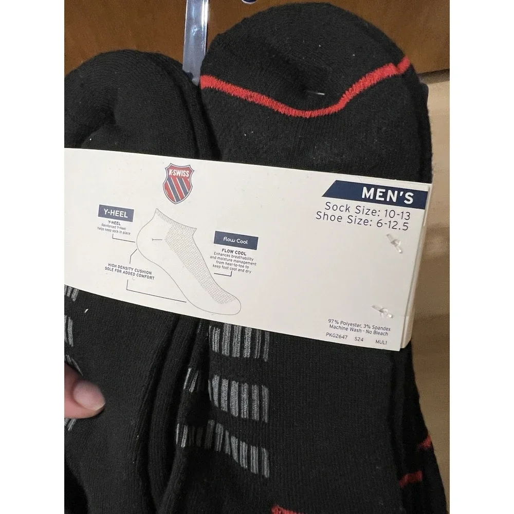 K-Swiss Men's Black‎ No Show Socks 6 Pair Shoe Size 6-12.5 Flow Cool Y Heel